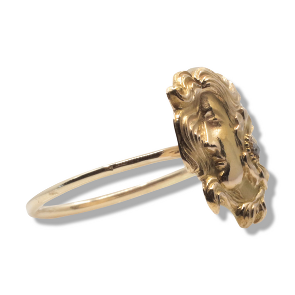 Figural Art Nouveau Woman with Diamond Flower Ring in 14K Gold