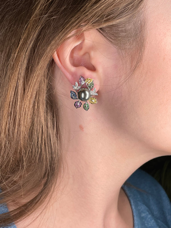 Floral Tahitian Pearl, Diamond, & Multicolor Sapphire Earrings in 18K White Gold