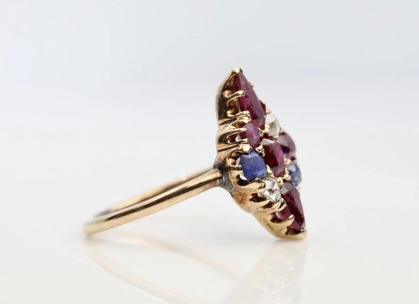 Patriotic Victorian Diamond Ruby & Sapphire Lozenge Ring in 14K Yellow Gold
