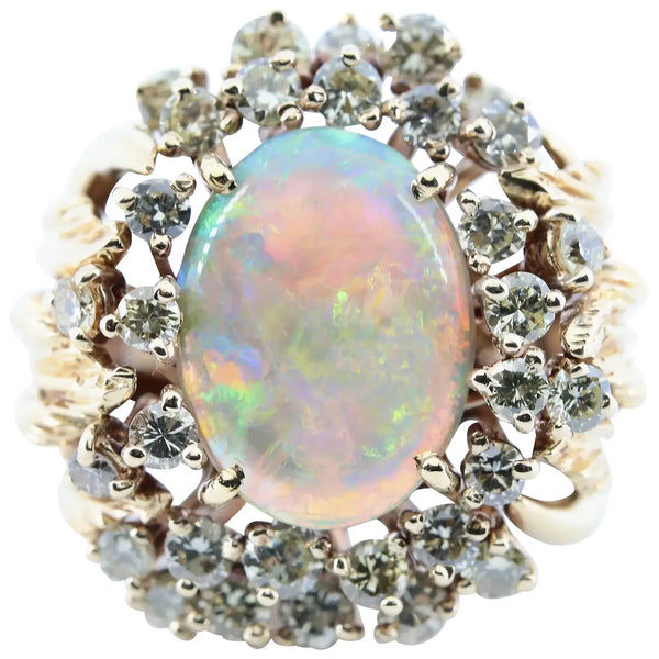 Substantial Retro Australian Opal and 1.80ctw Diamond Leaf Ring in 18K Gold