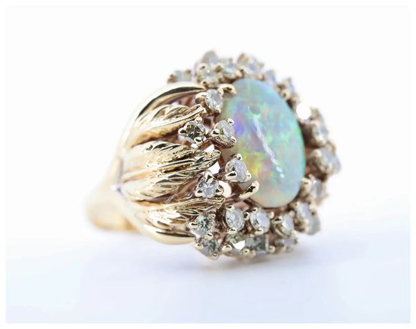 Substantial Retro Australian Opal and 1.80ctw Diamond Leaf Ring in 18K Gold