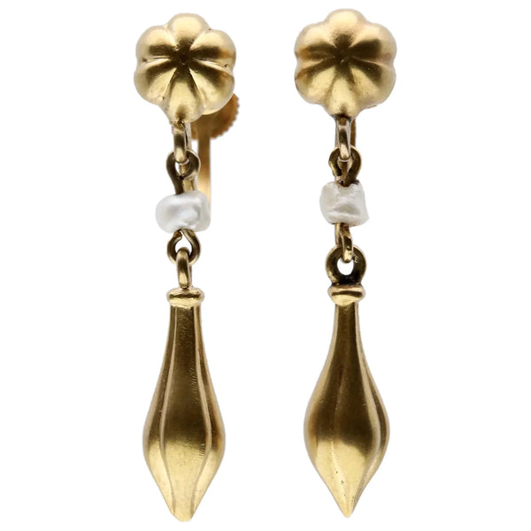 Victorian Etruscan Revival Natural Pearl Dangle Earrings in 14K Yellow Gold