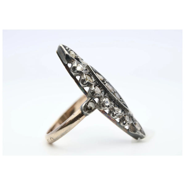 Victorian French Rose Cut Diamond Navette Ring in 18K Gold