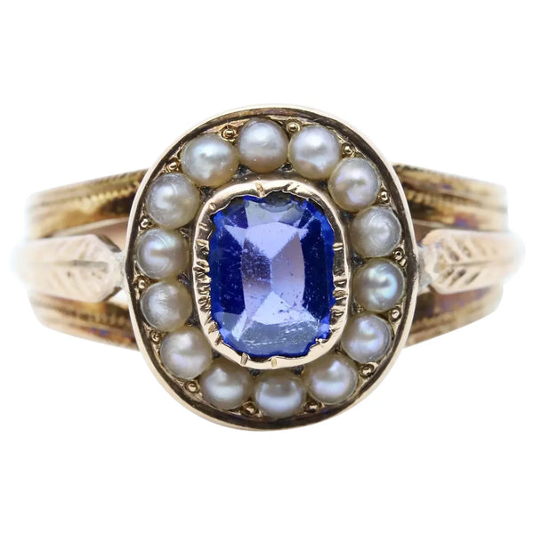 Victorian Iolite and Natural Pearl Ring in 14 Karat Yellow Gold