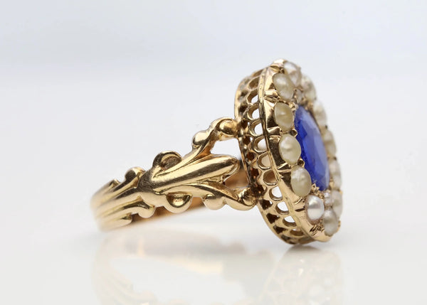 Victorian Natural Pearl & Kyanite Ring in 14K Yellow Gold