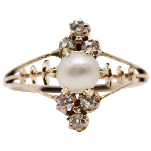 Victorian Natural Pearl & Mine Cut Diamond Navette Ring in 18K Gold