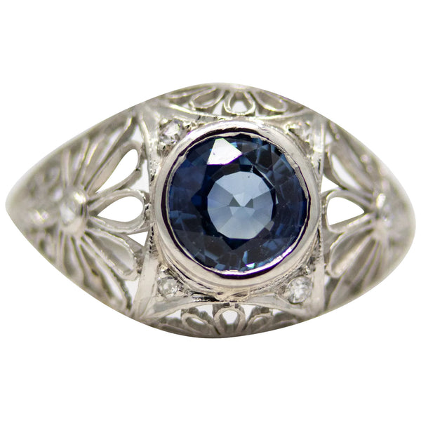 Edwardian Belle Epoque Sapphire & Diamond Filigree Ring in Platinum