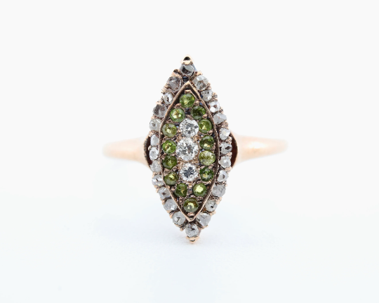 Victorian Demantoid Garnet & Rose Cut Diamond Navette Ring