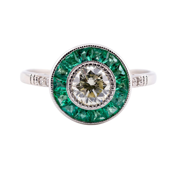 Art Deco Diamond & French Cut Emerald Target Engagement Ring in Platinum