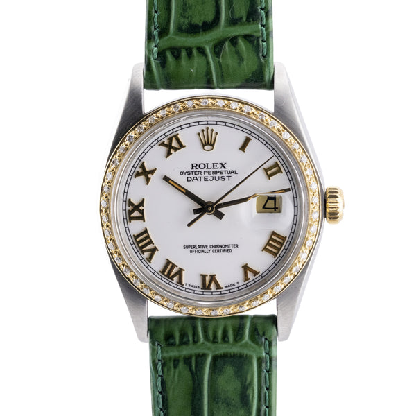 Rolex 36MM Datejust Two Tone with Diamond Bezel & White Roman Numeral Dial