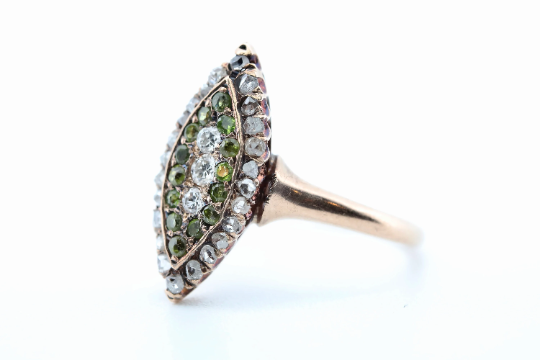 Victorian Demantoid Garnet & Rose Cut Diamond Navette Ring