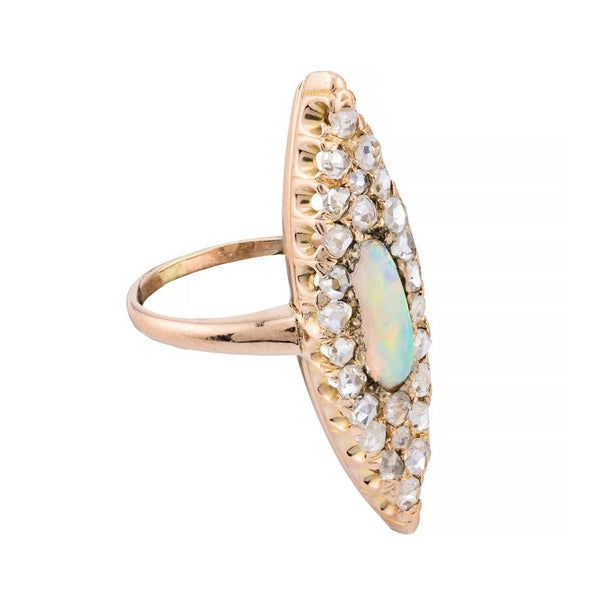 Victorian Australian Opal & Rose Cut Diamond Elongated Navette Ring in 14K Gold