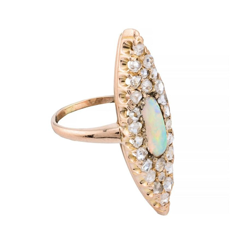 Victorian Australian Opal & Rose Cut Diamond Elongated Navette Ring in 14K Gold