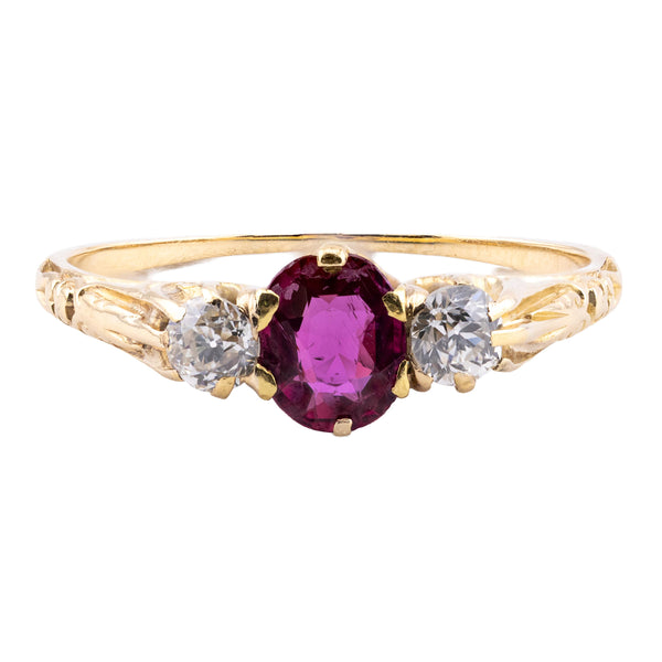 Victorian Ruby & Mine Cut Diamond Three Stone Ring in 18 Karat Yellow Gold