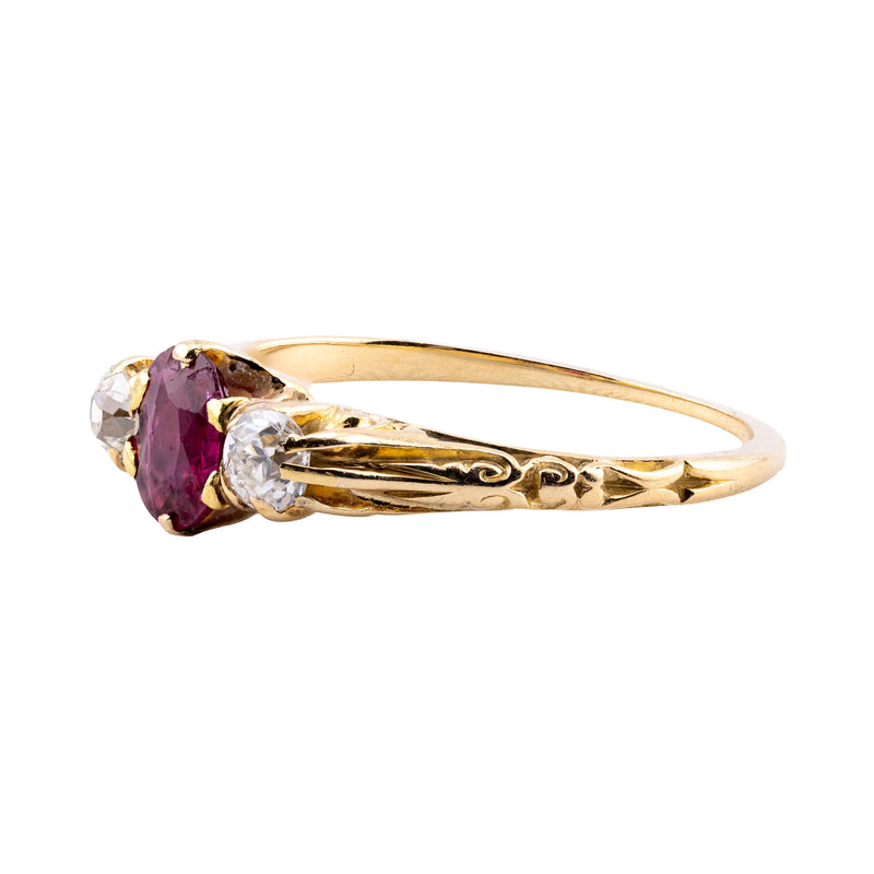 Victorian Ruby & Mine Cut Diamond Three Stone Ring in 18 Karat Yellow Gold