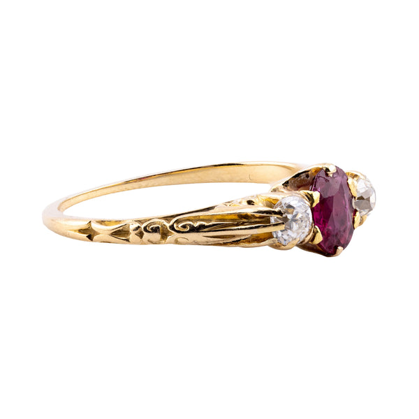 Victorian Ruby & Mine Cut Diamond Three Stone Ring in 18 Karat Yellow Gold