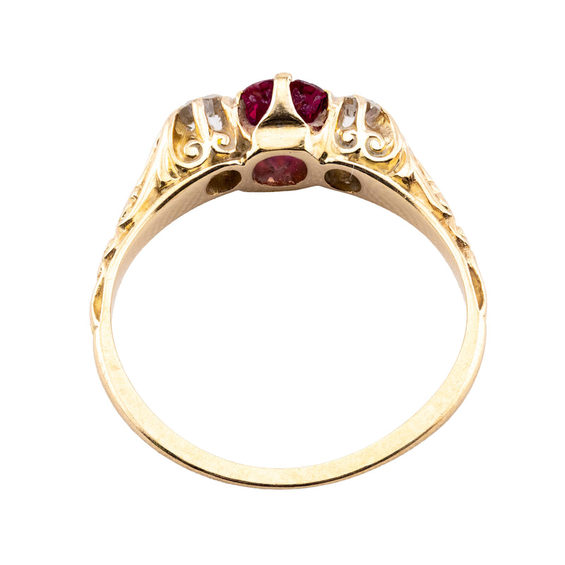Victorian Ruby & Mine Cut Diamond Three Stone Ring in 18 Karat Yellow Gold