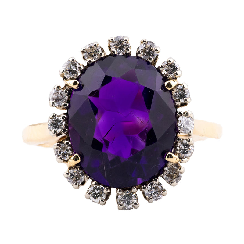 Vintage Mid Century Amethyst & Diamond Halo Ring in 18 Karat Gold, Platinum