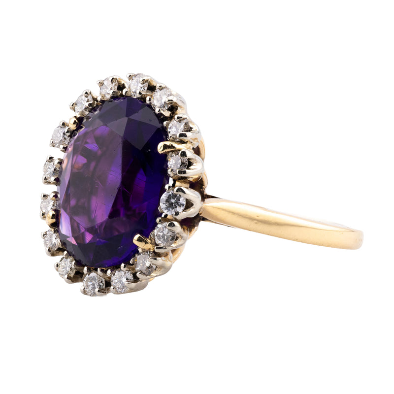 Vintage Mid Century Amethyst & Diamond Halo Ring in 18 Karat Gold, Platinum