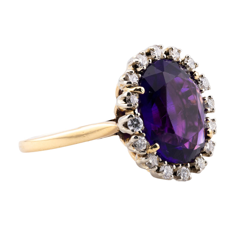 Vintage Mid Century Amethyst & Diamond Halo Ring in 18 Karat Gold, Platinum