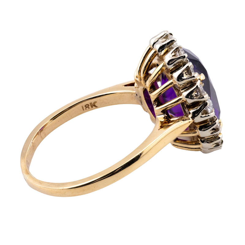 Vintage Mid Century Amethyst & Diamond Halo Ring in 18 Karat Gold, Platinum