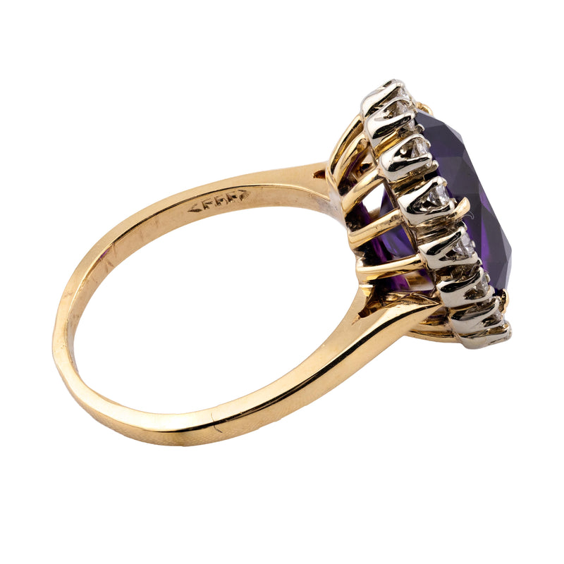 Vintage Mid Century Amethyst & Diamond Halo Ring in 18 Karat Gold, Platinum