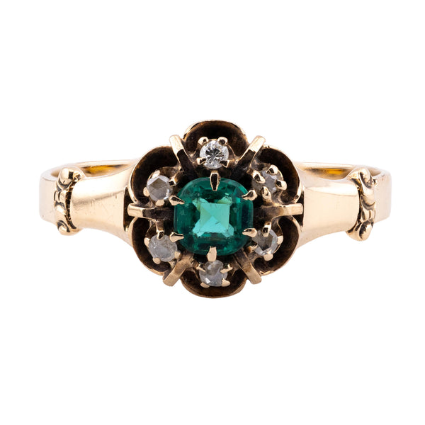 Victorian 0.46 CTW Emerald & Rose Cut Diamond Halo Ring in 14K Yellow Gold