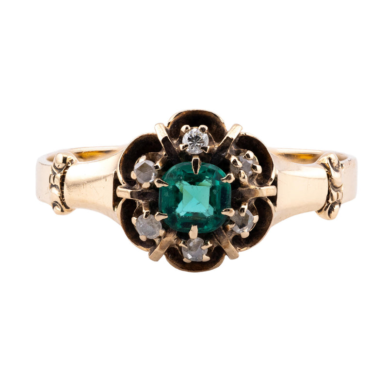 Victorian 0.46 CTW Emerald & Rose Cut Diamond Halo Ring in 14K Yellow Gold