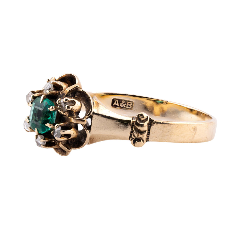 Victorian 0.46 CTW Emerald & Rose Cut Diamond Halo Ring in 14K Yellow Gold