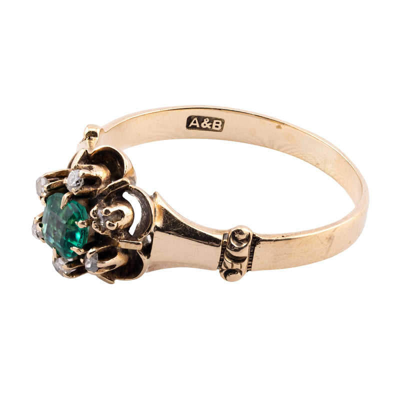 Victorian 0.46 CTW Emerald & Rose Cut Diamond Halo Ring in 14K Yellow Gold