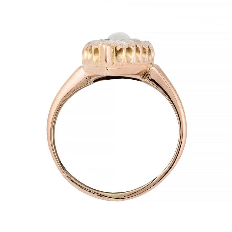 Victorian Australian Opal & Rose Cut Diamond Elongated Navette Ring in 14K Gold