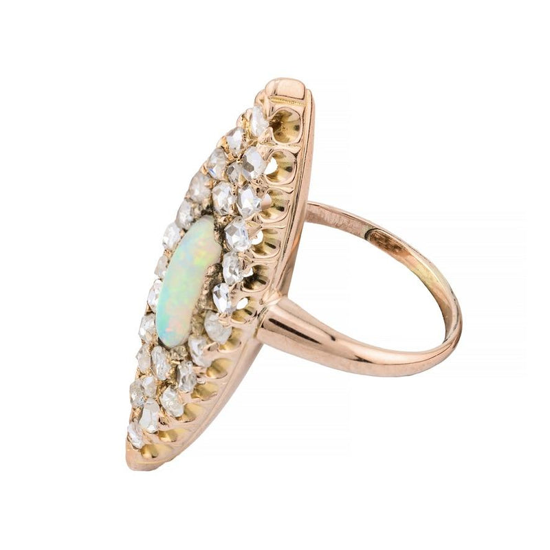 Victorian Australian Opal & Rose Cut Diamond Elongated Navette Ring in 14K Gold