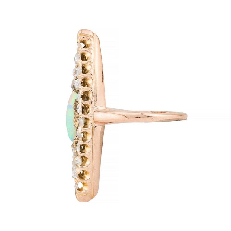 Victorian Australian Opal & Rose Cut Diamond Elongated Navette Ring in 14K Gold