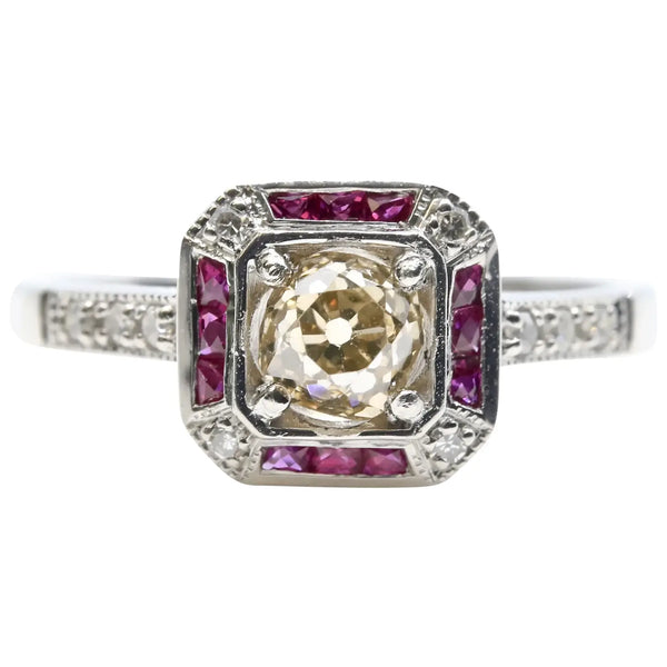 Art Deco 1.08ctw Champagne Diamond & Ruby Engagement Ring in Platinum