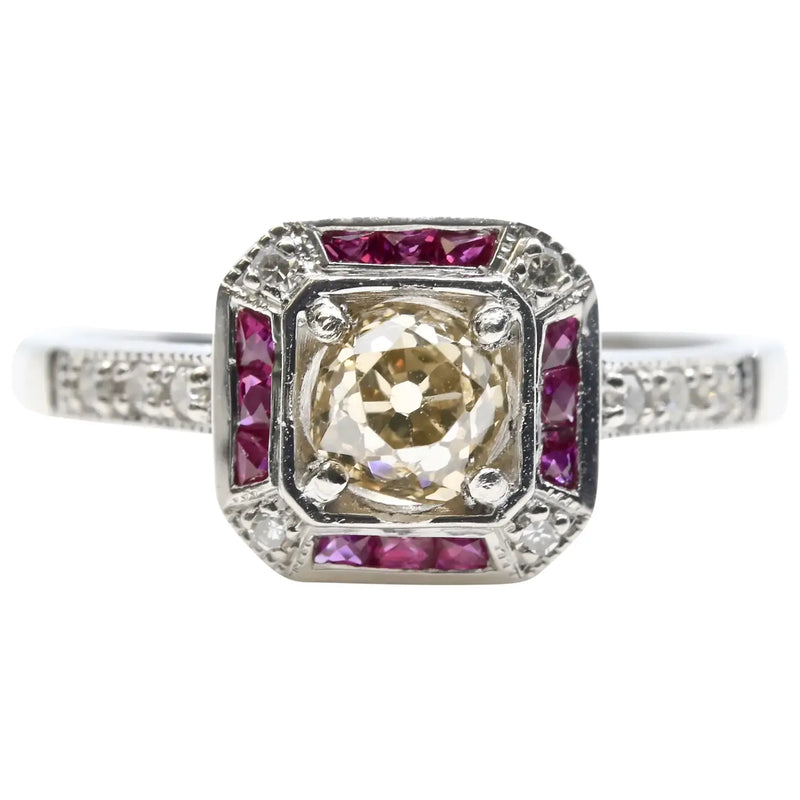 Art Deco 1.08ctw Champagne Diamond & Ruby Engagement Ring in Platinum