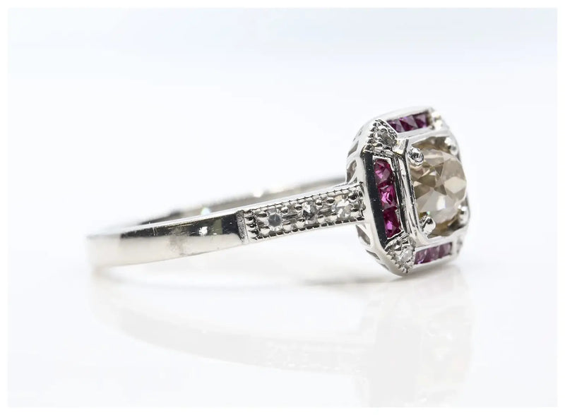 Art Deco 1.08ctw Champagne Diamond & Ruby Engagement Ring in Platinum