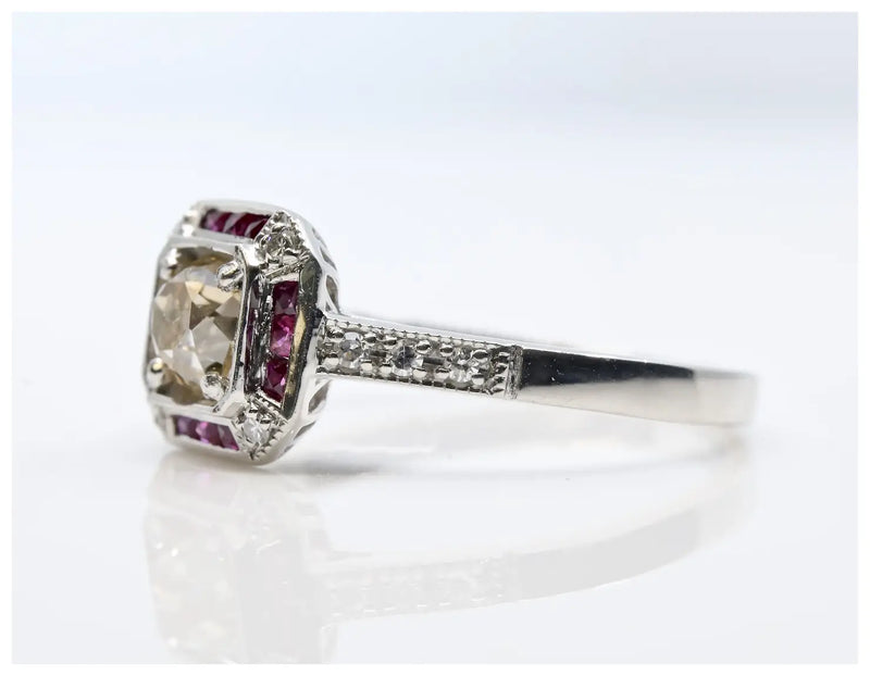 Art Deco 1.08ctw Champagne Diamond & Ruby Engagement Ring in Platinum
