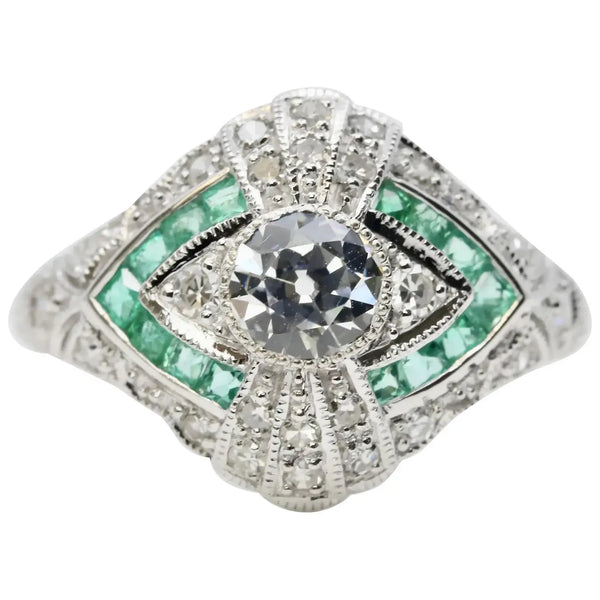 Art Deco Emerald and Diamond ring in 14K White Gold