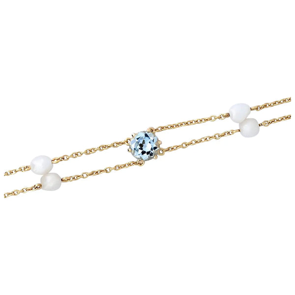 Art Nouveau Aquamarine & Natural Pearl Bracelet in 14k Yellow Gold