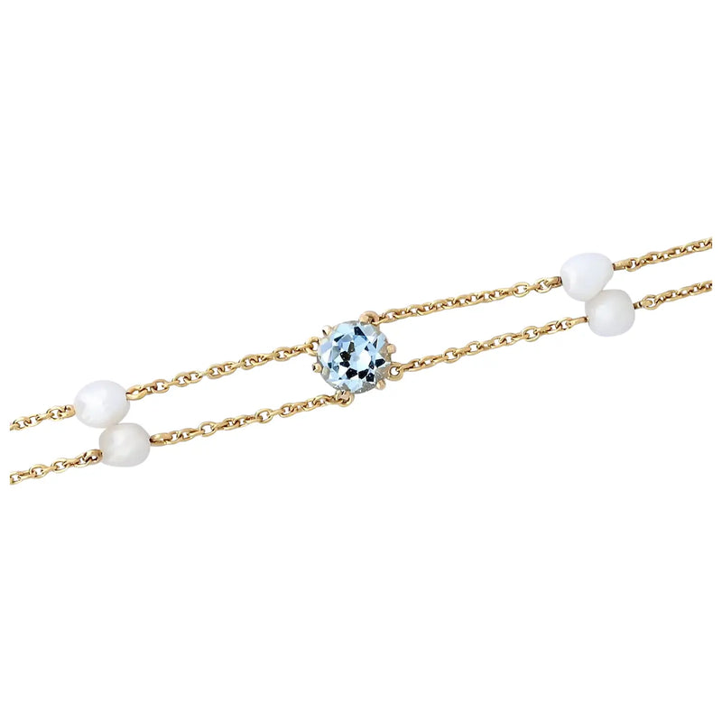 Art Nouveau Aquamarine & Natural Pearl Bracelet in 14k Yellow Gold