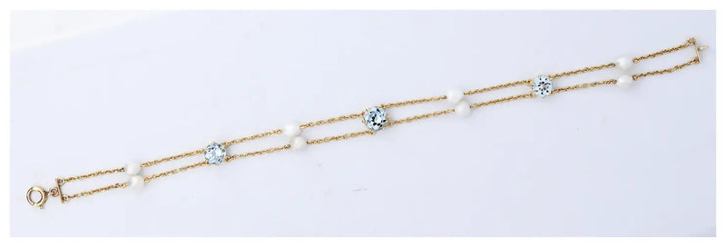 Art Nouveau Aquamarine & Natural Pearl Bracelet in 14k Yellow Gold