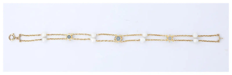 Art Nouveau Aquamarine & Natural Pearl Bracelet in 14k Yellow Gold
