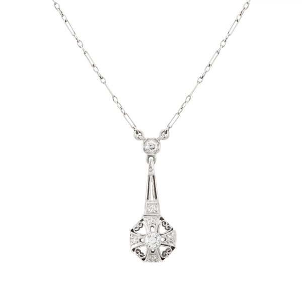Art Deco 0.42ct Diamond Pendant Heart Motif Filigree Necklace in Platinum