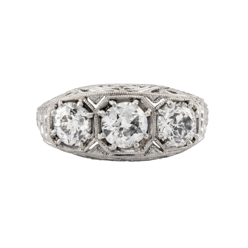 Art Deco 1.45ctw Three Stone Diamond Filigree Ring in Platinum Circa 1920's