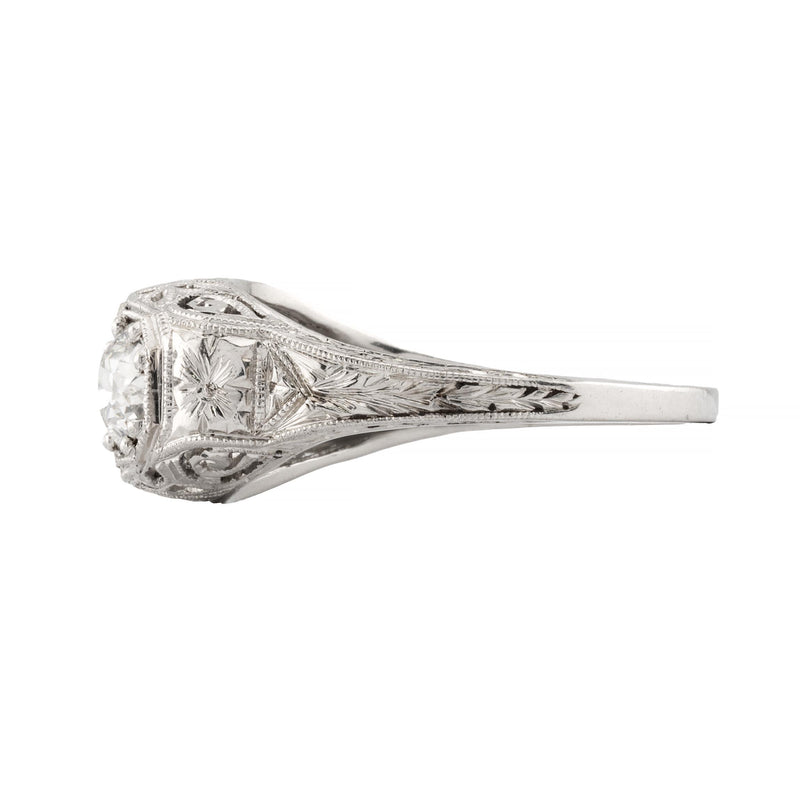Art Deco 1.45ctw Three Stone Diamond Filigree Ring in Platinum Circa 1920's