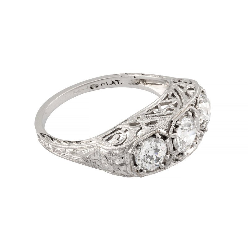 Art Deco 1.45ctw Three Stone Diamond Filigree Ring in Platinum Circa 1920's