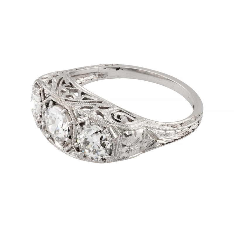 Art Deco 1.45ctw Three Stone Diamond Filigree Ring in Platinum Circa 1920's