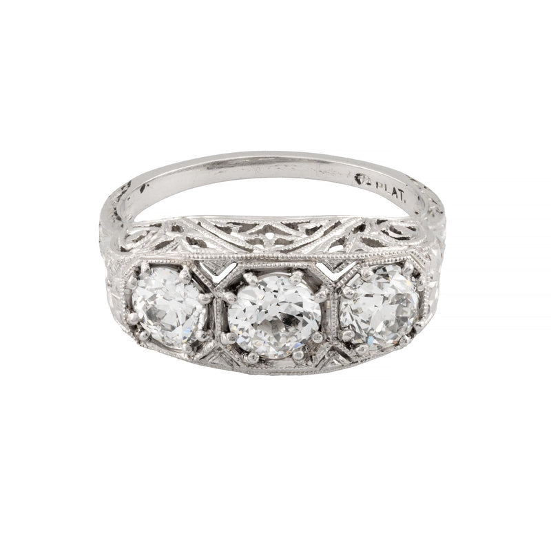 Art Deco 1.45ctw Three Stone Diamond Filigree Ring in Platinum Circa 1920's