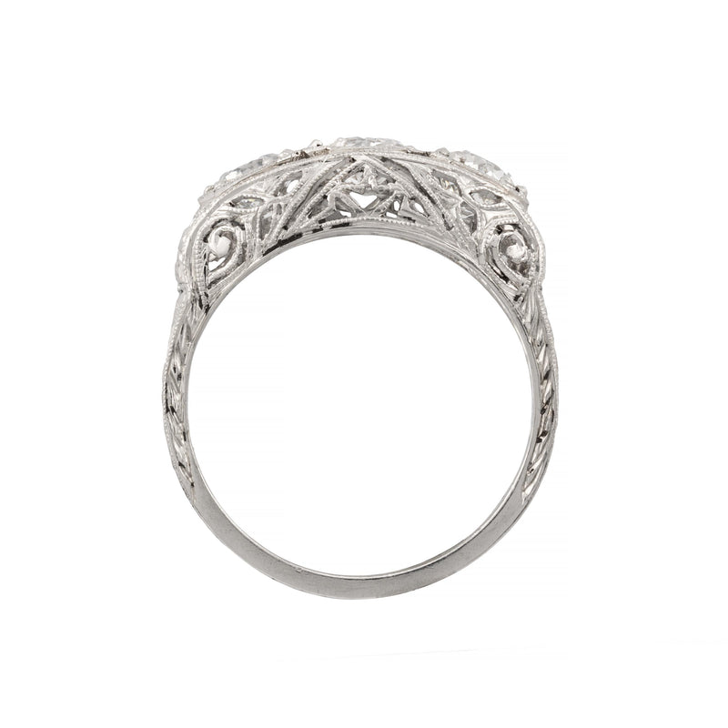 Art Deco 1.45ctw Three Stone Diamond Filigree Ring in Platinum Circa 1920's