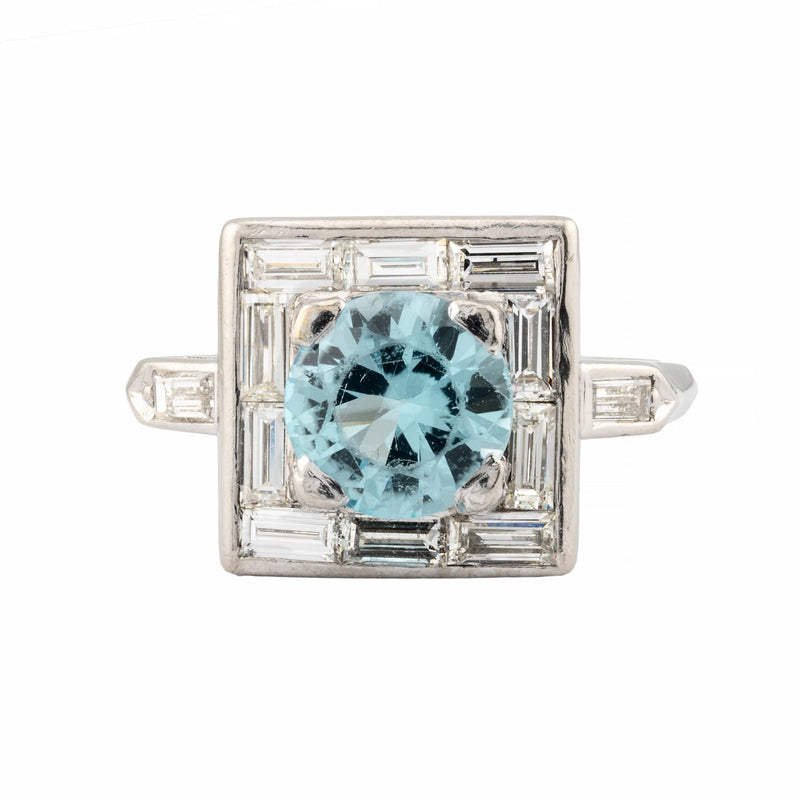 Art Deco 2.80ctw Blue Zircon & Baguette Diamond Ring in Platinum